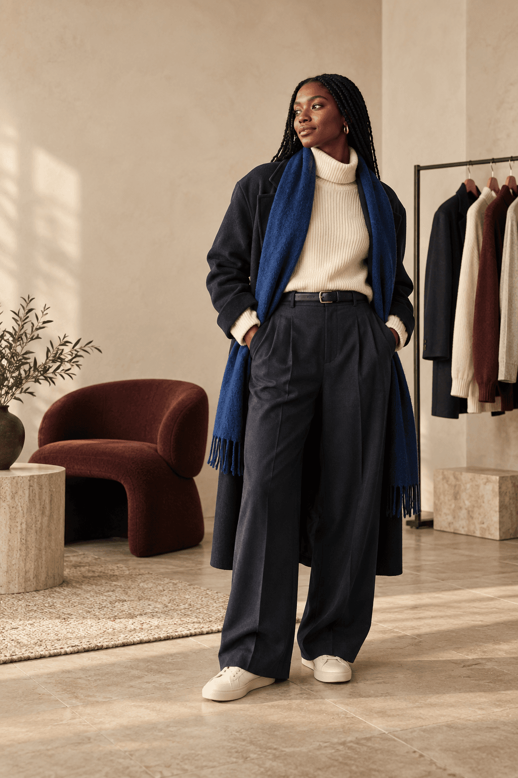 A model wearing a navy city look in an editorial studio